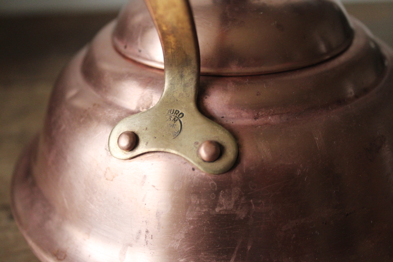 photo of vintage Douro Portugal copper tea kettle, worn old copper teapot w/ brass & wood handle  #6