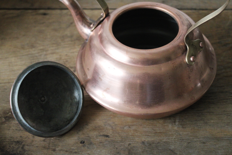 photo of vintage Douro Portugal copper tea kettle, worn old copper teapot w/ brass & wood handle  #8