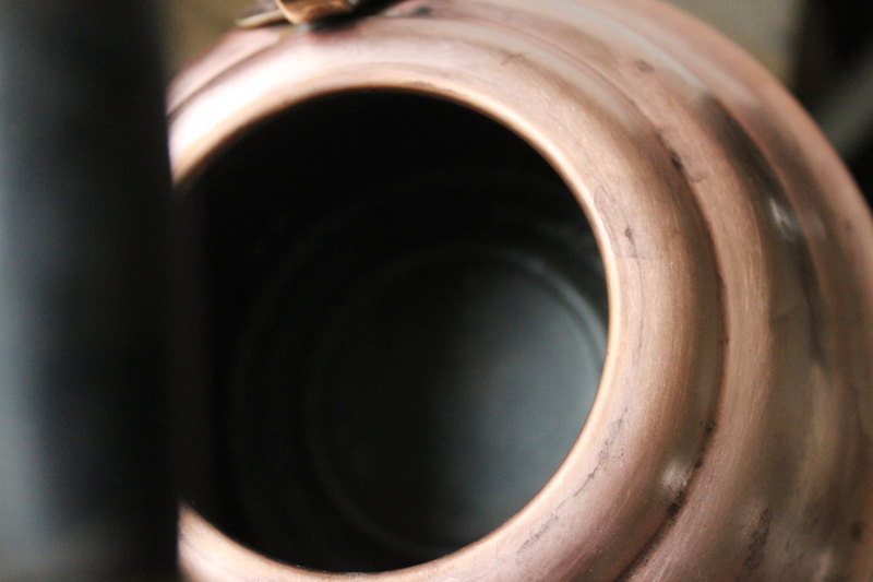 photo of vintage Douro Portugal copper tea kettle, worn old copper teapot w/ brass & wood handle  #9