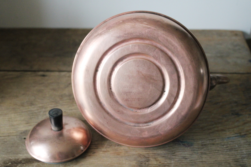 photo of vintage Douro Portugal copper tea kettle, worn old copper teapot w/ brass & wood handle  #10