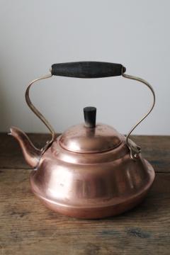 vintage Douro Portugal copper tea kettle, worn old copper teapot w/ brass & wood handle 