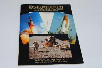 catalog photo of vintage Dover book, Space Exploration NASA archive photos blank postcards lunar landing & rockets 