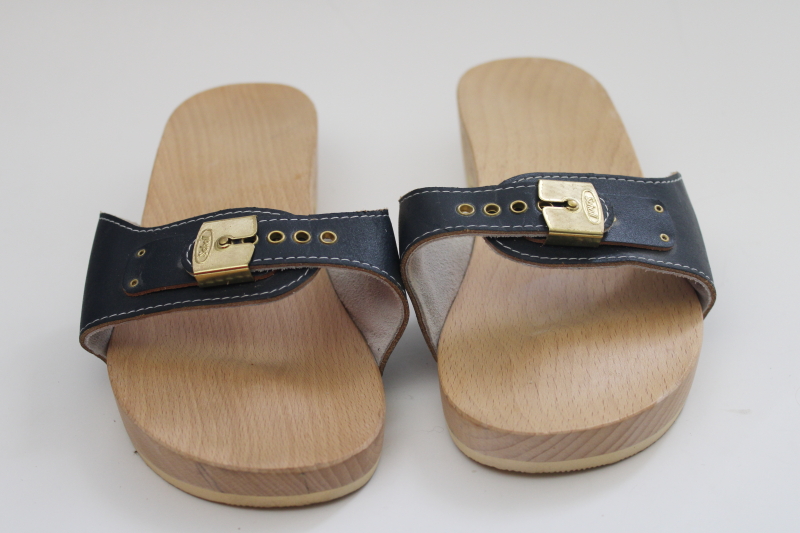 photo of vintage Dr Scholls exercise sandals Austria wood clogs size 10 navy blue excellent #2