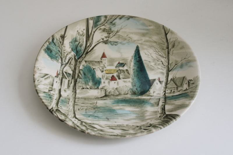 photo of vintage Dream Town Johnson Bros oval salad plate, castle & village teal green winter scene  #1