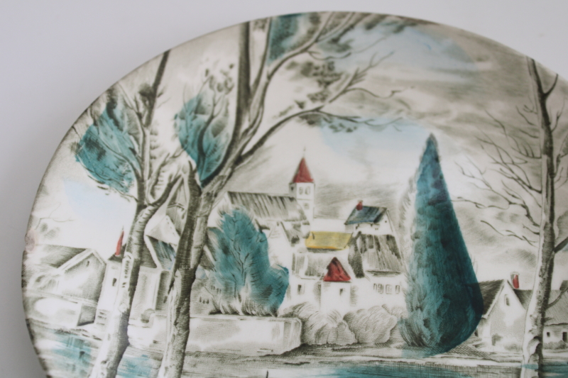 photo of vintage Dream Town Johnson Bros oval salad plate, castle & village teal green winter scene  #2