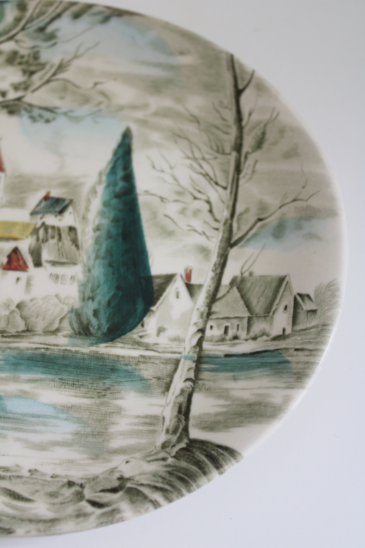 photo of vintage Dream Town Johnson Bros oval salad plate, castle & village teal green winter scene  #3