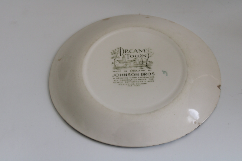 photo of vintage Dream Town Johnson Bros oval salad plate, castle & village teal green winter scene  #4