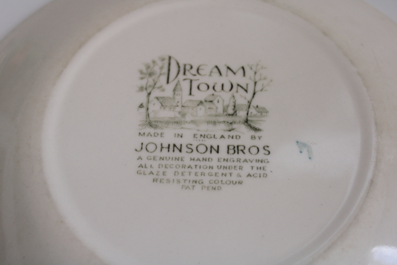 photo of vintage Dream Town Johnson Bros oval salad plate, castle & village teal green winter scene  #5