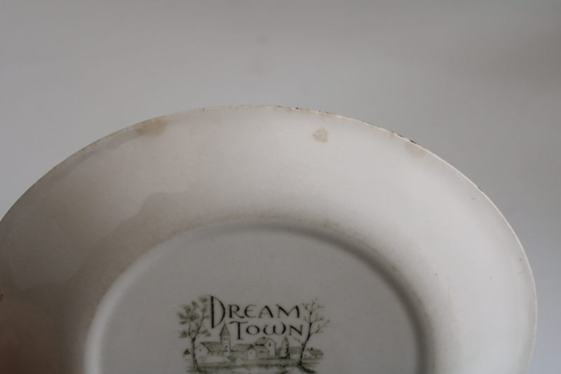 photo of vintage Dream Town Johnson Bros oval salad plate, castle & village teal green winter scene  #6