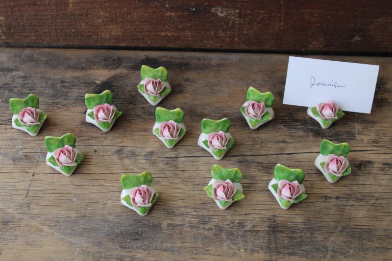 photo of vintage Dresden china flowers set of individual place card holders, one dozen pink roses #1