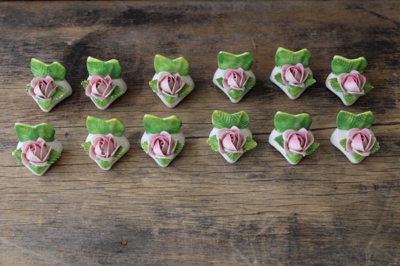 photo of vintage Dresden china flowers set of individual place card holders, one dozen pink roses #2