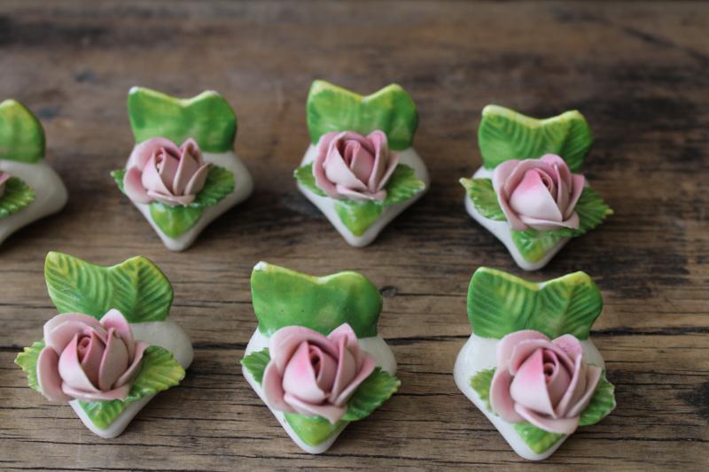 photo of vintage Dresden china flowers set of individual place card holders, one dozen pink roses #3