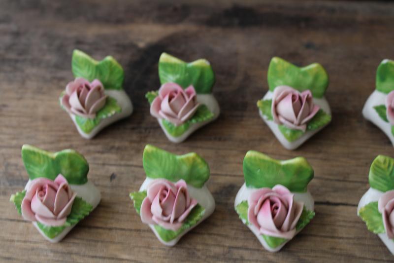 photo of vintage Dresden china flowers set of individual place card holders, one dozen pink roses #4