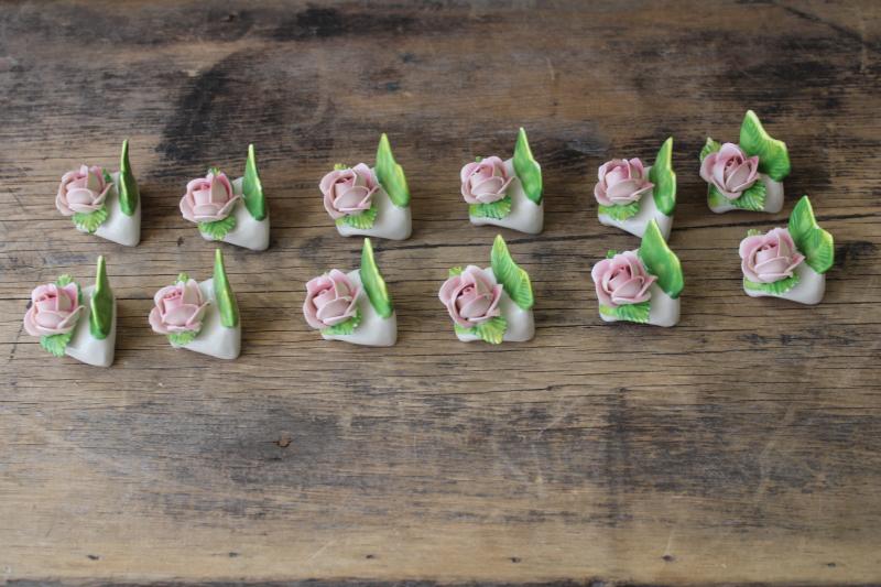 photo of vintage Dresden china flowers set of individual place card holders, one dozen pink roses #6