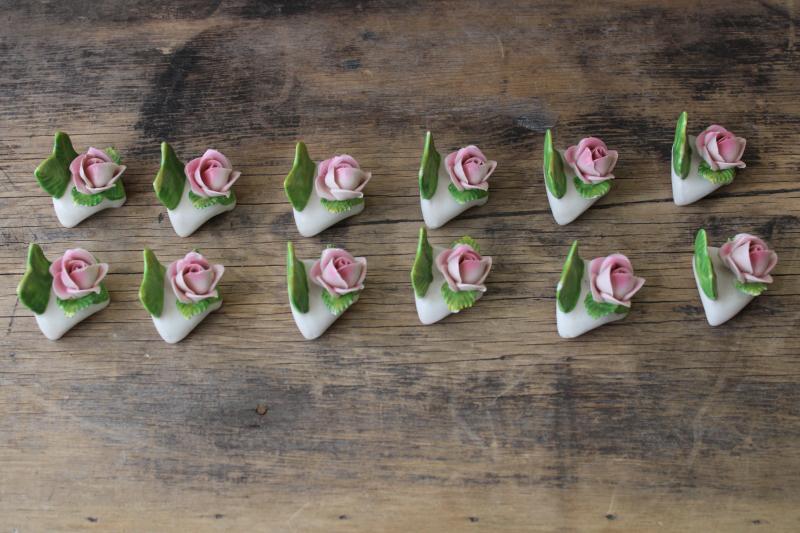 photo of vintage Dresden china flowers set of individual place card holders, one dozen pink roses #7