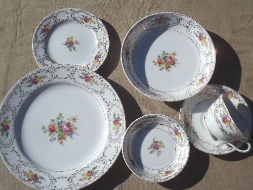 photo of vintage Dresden floral hand-painted china dishes set w/ roses bouquet #4