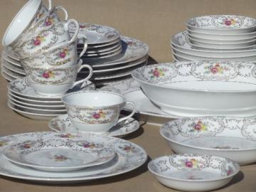 catalog photo of vintage Dresden floral hand-painted china dishes set w/ roses bouquet