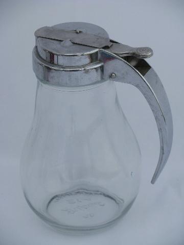 photo of vintage Dripcut syrup pitcher, trigger handle metal lid / kitchen glass jar #1