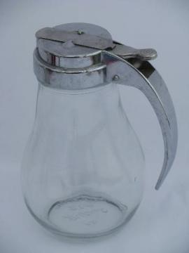 catalog photo of vintage Dripcut syrup pitcher, trigger handle metal lid / kitchen glass jar