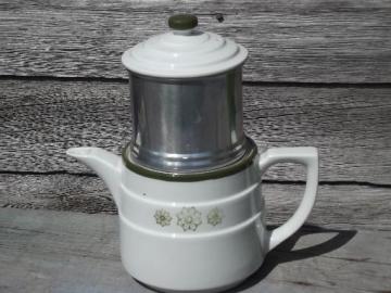 catalog photo of vintage Drip-o-Lator coffee maker, filter basket and ironstone china pot