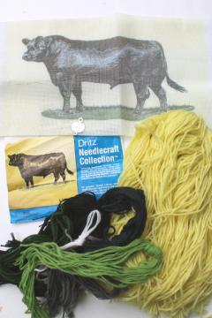 catalog photo of vintage Dritz needlepoint canvas kit, black angus bull farm animal cattle breed portrait