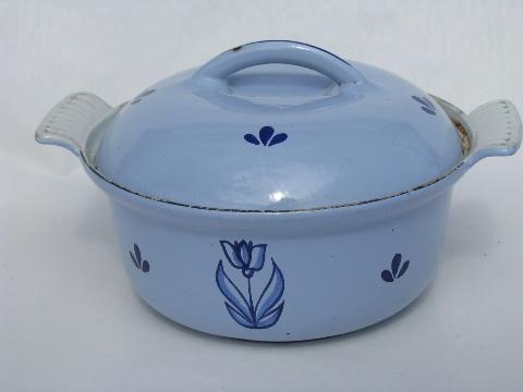 photo of vintage Dru enamel cast iron dutch oven pot & pan, Holland tulips #4