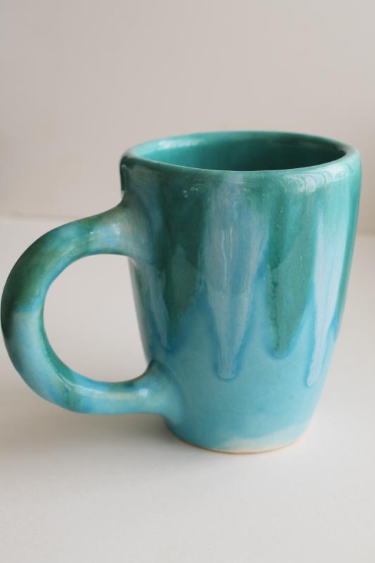 photo of vintage Dryden Arkansas pottery coffee mug, turquoise aqua blue green drip glaze  #4