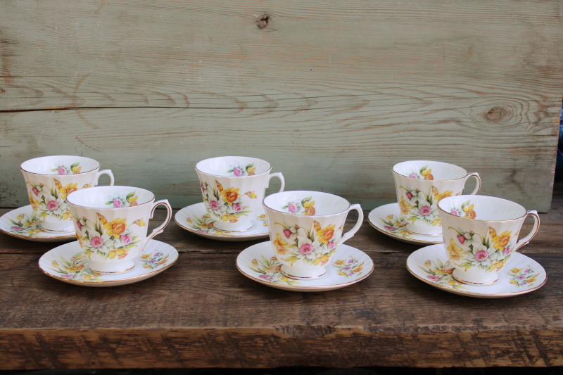 photo of vintage Duchess fine bone china tea cups & saucers set for six, pink and yellow daffodils spring floral  #1