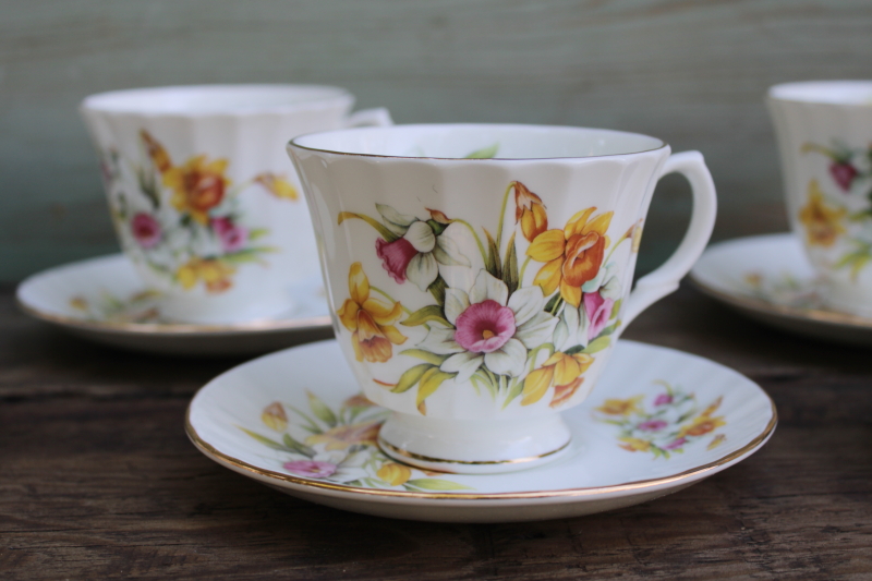 photo of vintage Duchess fine bone china tea cups & saucers set for six, pink and yellow daffodils spring floral  #2