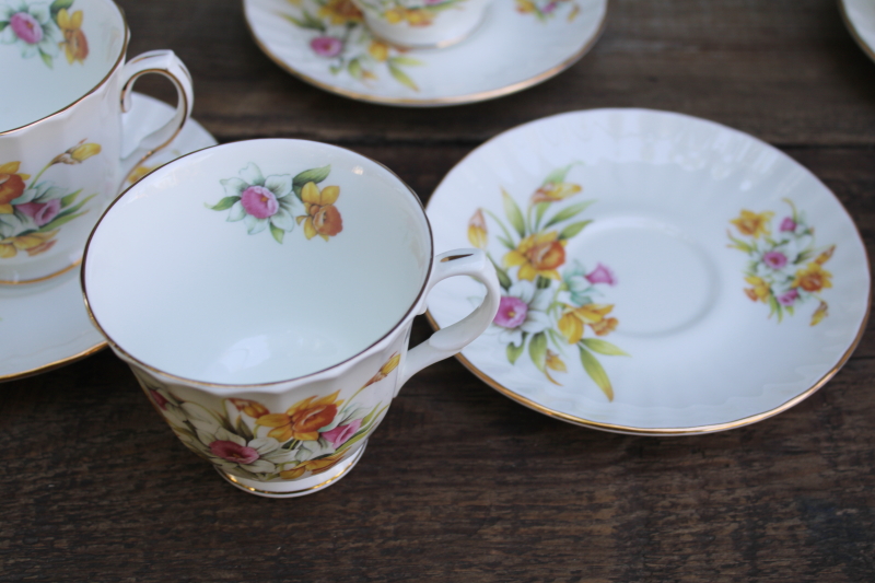 photo of vintage Duchess fine bone china tea cups & saucers set for six, pink and yellow daffodils spring floral  #3