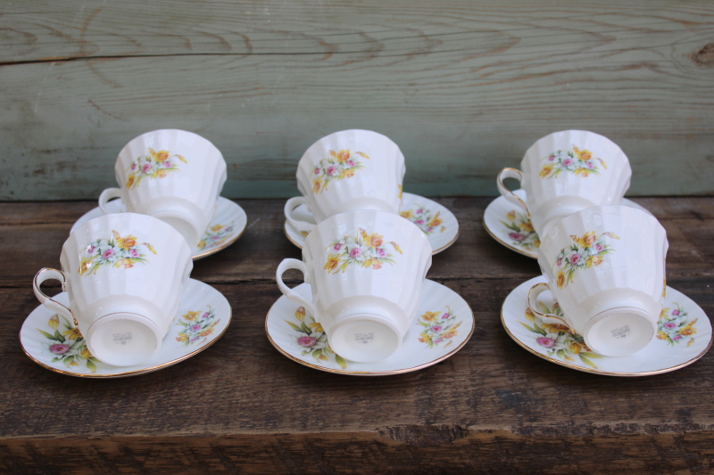 photo of vintage Duchess fine bone china tea cups & saucers set for six, pink and yellow daffodils spring floral  #4