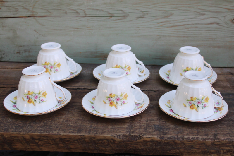 photo of vintage Duchess fine bone china tea cups & saucers set for six, pink and yellow daffodils spring floral  #5
