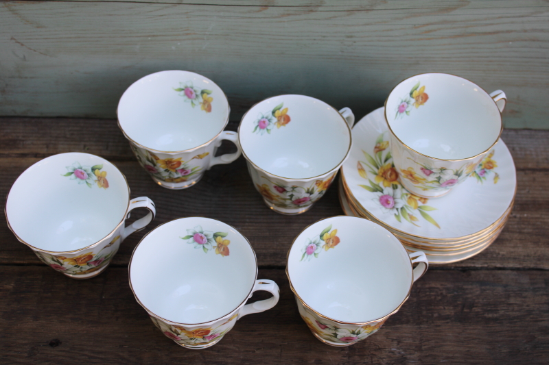 photo of vintage Duchess fine bone china tea cups & saucers set for six, pink and yellow daffodils spring floral  #8