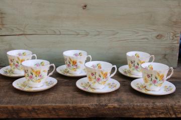 catalog photo of vintage Duchess fine bone china tea cups & saucers set for six, pink and yellow daffodils spring floral 