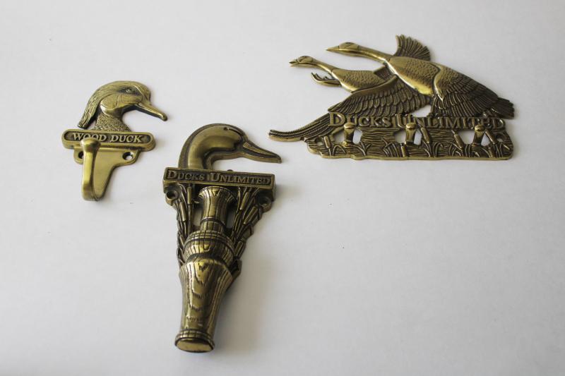 photo of vintage Ducks Unlimited cast brass door knocker, Canada geese & wood duck hooks #1