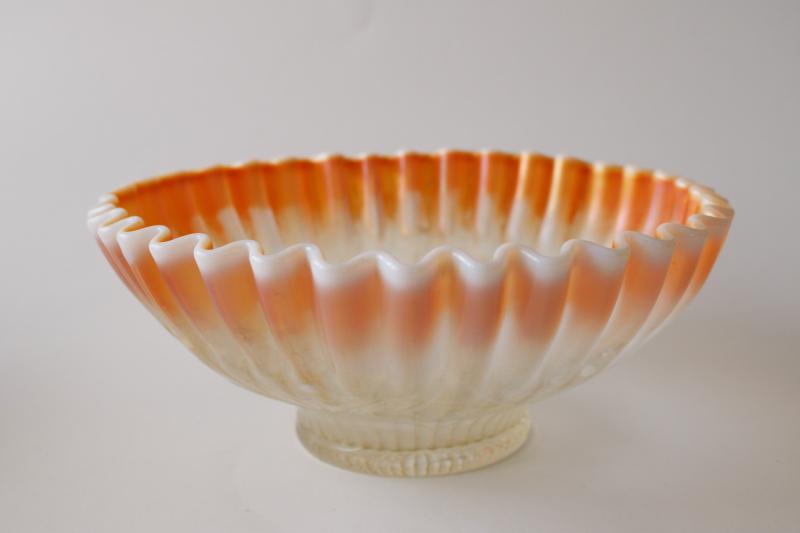 photo of vintage Dugan carnival glass bowl, peach opalescent Caroline floral fluted pattern #1