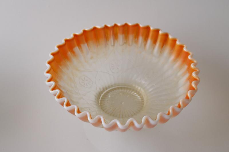 photo of vintage Dugan carnival glass bowl, peach opalescent Caroline floral fluted pattern #2