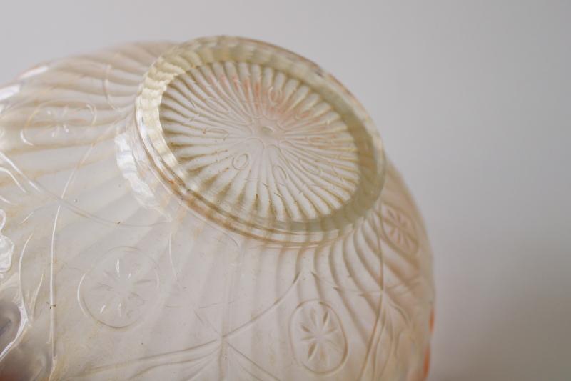 photo of vintage Dugan carnival glass bowl, peach opalescent Caroline floral fluted pattern #3
