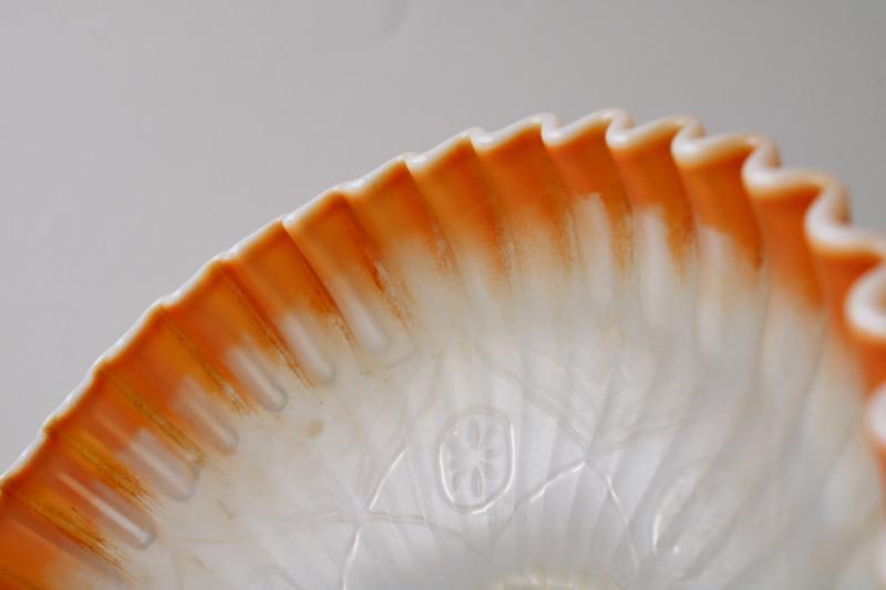 photo of vintage Dugan carnival glass bowl, peach opalescent Caroline floral fluted pattern #4