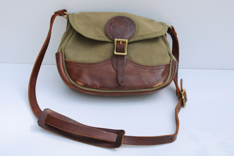 photo of vintage Duluth Pack field bag purse, green cotton canvas w/ leather shoulder strap Gokey style satchel #1
