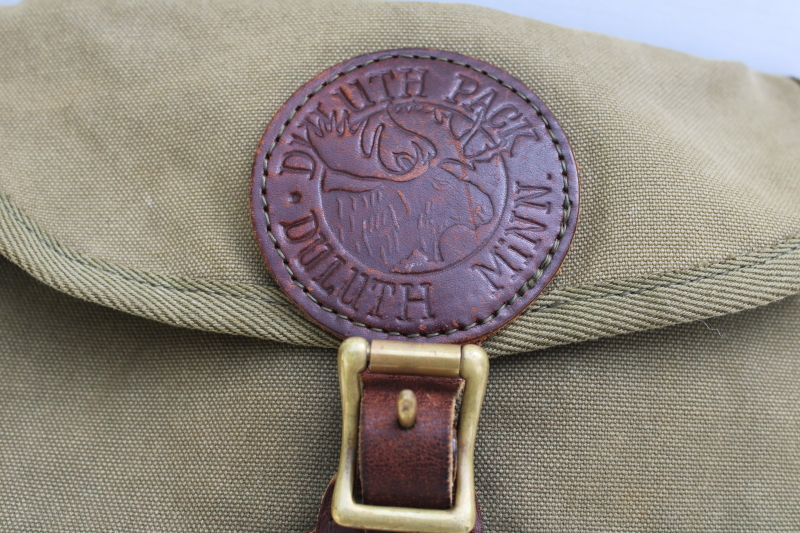 photo of vintage Duluth Pack field bag purse, green cotton canvas w/ leather shoulder strap Gokey style satchel  #6