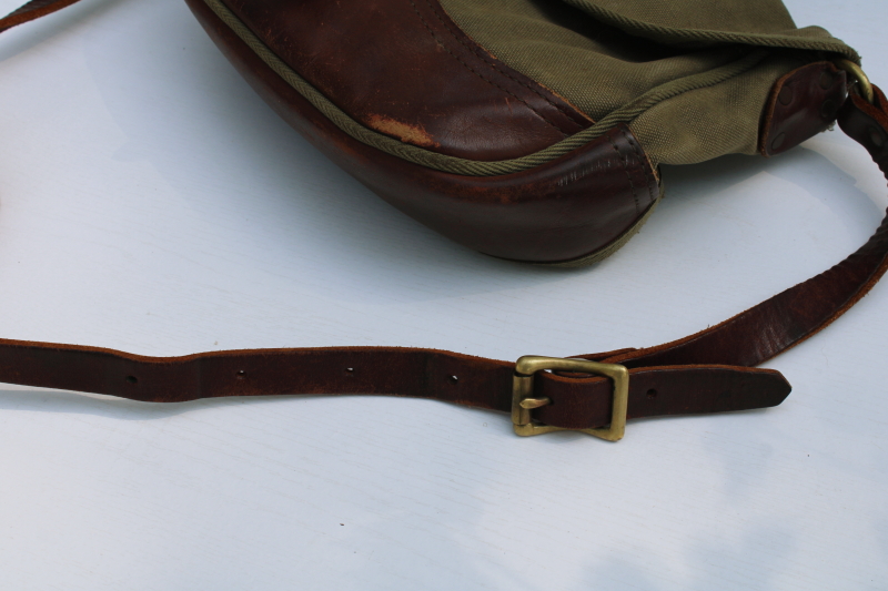 photo of vintage Duluth Pack field bag purse, green cotton canvas w/ leather shoulder strap Gokey style satchel  #7