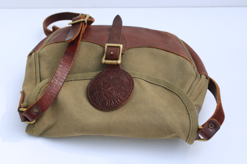 photo of vintage Duluth Pack field bag purse, green cotton canvas w/ leather shoulder strap Gokey style satchel  #8