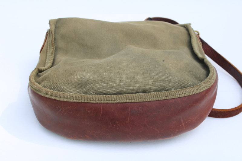photo of vintage Duluth Pack field bag purse, green cotton canvas w/ leather shoulder strap Gokey style satchel  #9