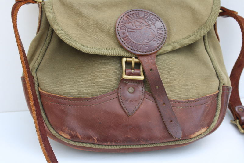 photo of vintage Duluth Pack field bag purse, green cotton canvas w/ leather shoulder strap Gokey style satchel  #10