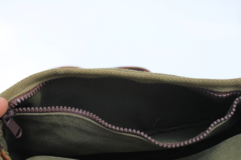photo of vintage Duluth Pack field bag purse, green cotton canvas w/ leather shoulder strap Gokey style satchel  #12