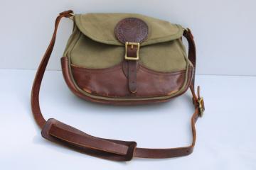 catalog photo of vintage Duluth Pack field bag purse, green cotton canvas w/ leather shoulder strap Gokey style satchel 
