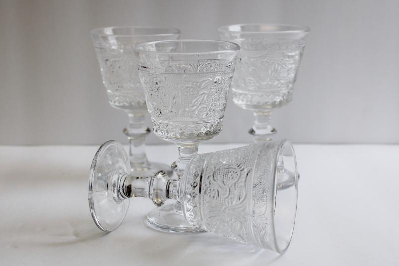 photo of vintage Duncan & Miller sandwich pattern glass wine glasses, set of four goblets #1