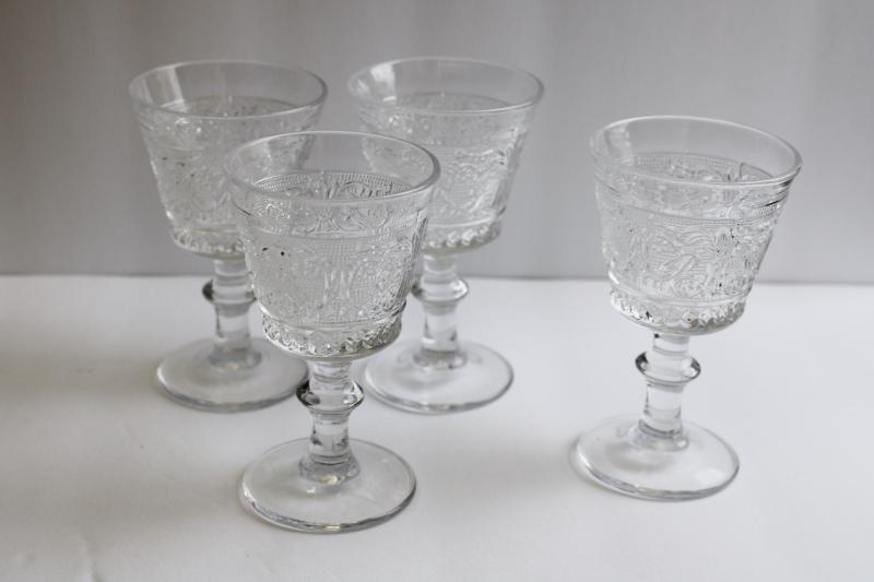 photo of vintage Duncan & Miller sandwich pattern glass wine glasses, set of four goblets #2