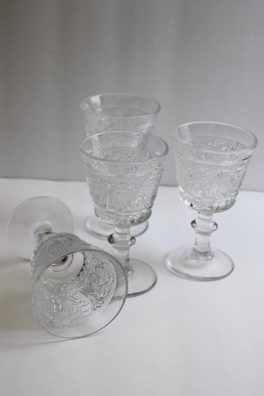 photo of vintage Duncan & Miller sandwich pattern glass wine glasses, set of four goblets #3